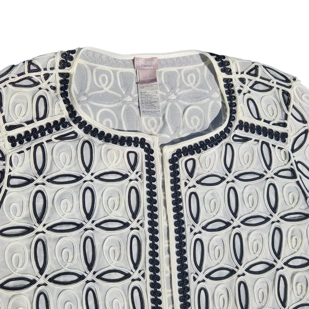 CHICOS TRAVELERS WOMEN OPEN DRESSY CARDIGAN JACKET BLAZER BLACK WHITE SZ 2 LG 12 - Picture 9 of 10